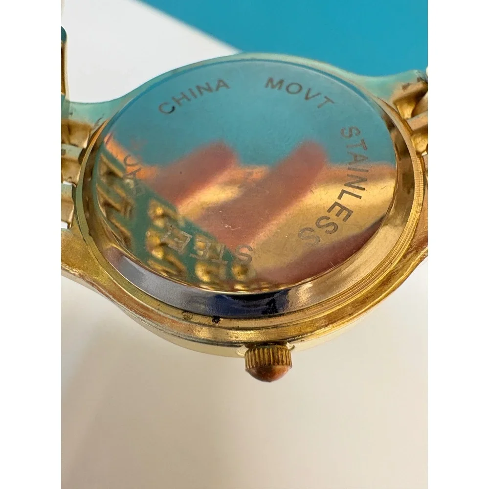 Classique Gold Tone Chronograph Style Watch Mother of Pearl Face Stainless Steel